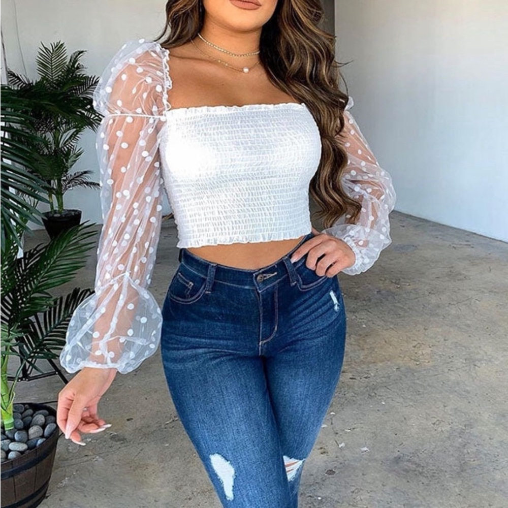 Women's White Shirred Crop-top